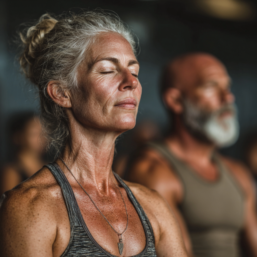 Възрастна жена прави йога