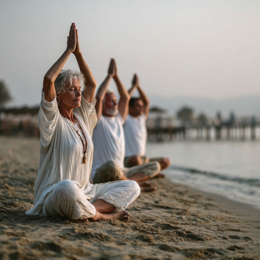 Възрастен мъж прави йога поза